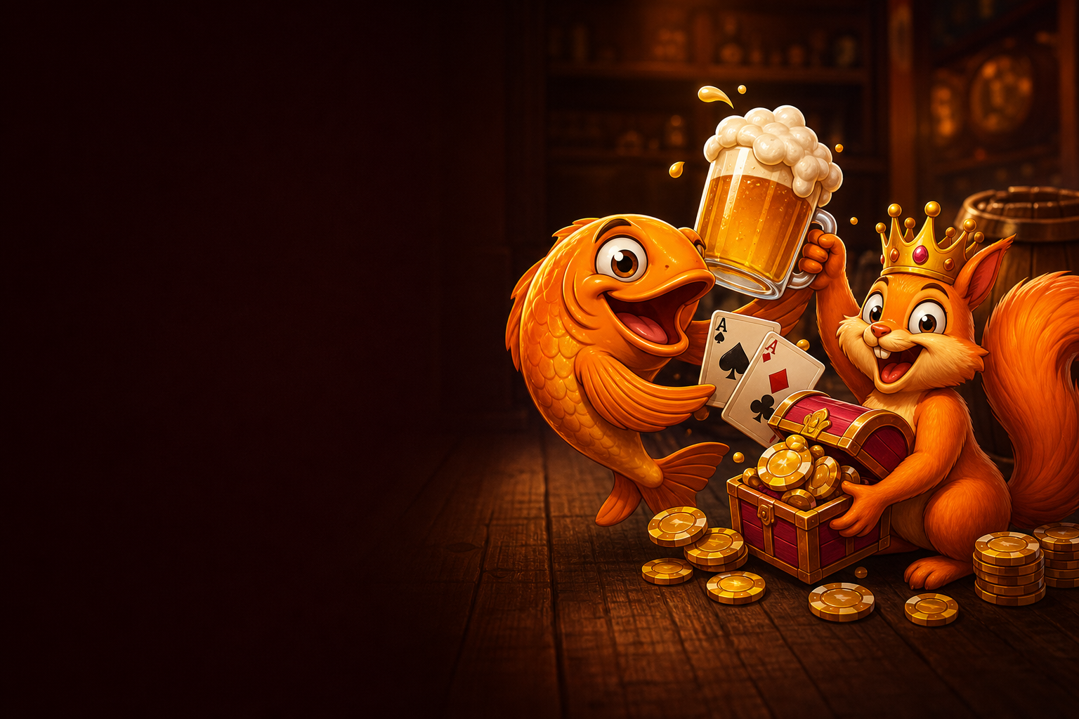 Рыбка и белка Beer Casino с бонусным сундуком, картами и кружкой пива
